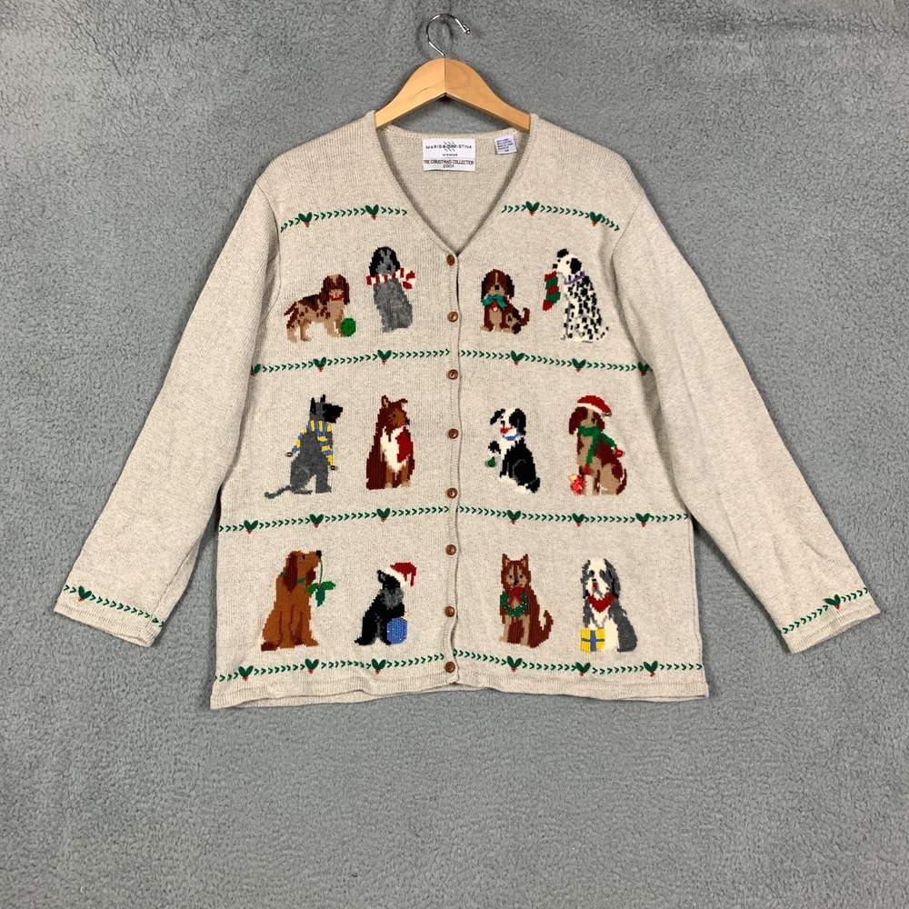 Marisa Christina Cardigan Plus‎ 2X Tan Christmas Collection 2001 Dog Print Linen